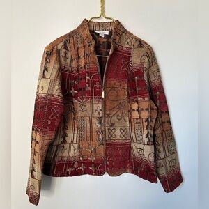 Dressbarn Tan Red Embroidered Full Zip Unique Tapestry Jacket Women’s Medium